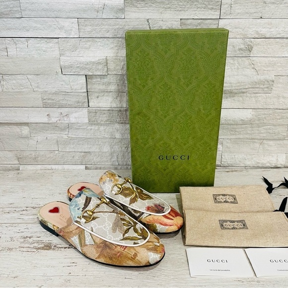 GUCCI Princetown GG Supreme H2O Floral Mules Slides Slipper Size 37.5 Beige Rare - Picture 1 of 14